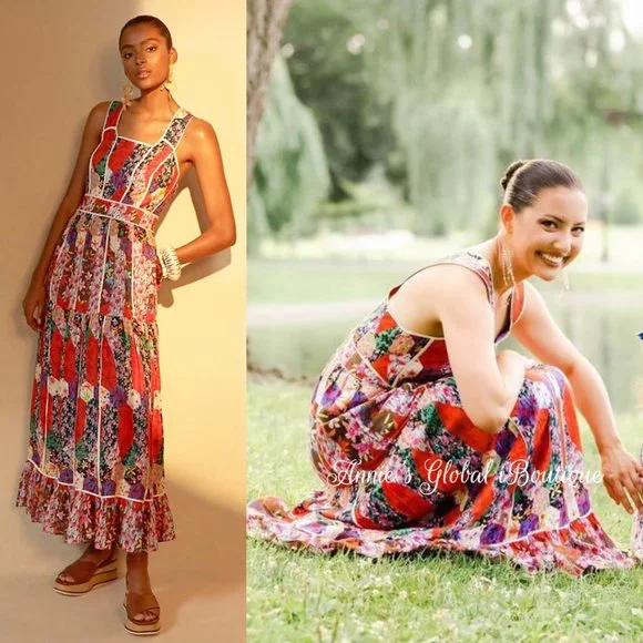 RARE NWT ANTHROPOLOGIE BHANUNI By JYOTI Square Neck Bohemian Maxi Dress. - Picture 14 of 16